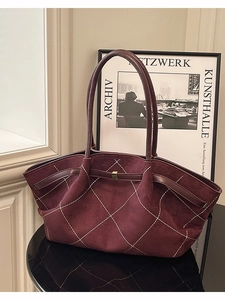 Retro burgundy suede tote bag with white quilted stitching and slim double handles