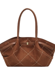 Brown suede tote bag with white diamond stitching and golden metal buckle decoration