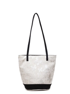 White canvas tote bag with butterfly print and black straps shown in a front view