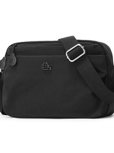 Practical black nylon shoulder bag with multi-layer zipper pockets and adjustable strap