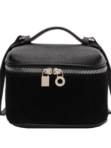 Chic black square handbag with dual-texture leather and silver double-zipper top handle