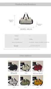 Size chart showing dimensions 48x28x20cm for the large capacity travel duffel bag