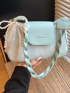 French Niche Women PU Leather Underarm Bag With Braided Handle Artificial Pearl Bow Lace Ribbon Minimalist Crossbody Shoulder Bag