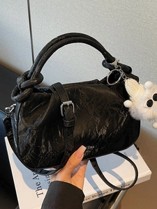 Women Fashion PU Leather Pleated Cloud Bag Casual Crossbody Handbag With Cute Monster Plush Charm Elegant Stitching Bag