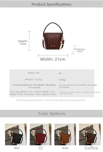 Size chart showing 21cm width and 17cm height for the woven pattern bucket bag