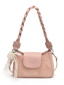 Pink minimalist faux leather underarm bag with a woven handle and pearl charm detail