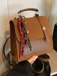 Vintage Women Casual Fashion Backpack PU Leather Suede Splicing Travel Rucksack Daily Shoulder Bag With Pendant Decor