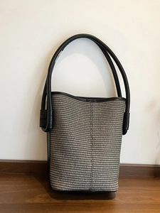 Women Fashion Woven Bucket Bag PU Leather Trim Shoulder Handbag Simple Casual Beach Vacation Single Shoulder Bag