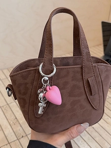 Women Mini Leopard Print PU Bucket Crossbody Bag Fashion Handbag With Pink Heart Charm Small Tote Bag For Daily Street