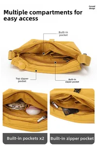 Detailansicht der Innenfächer der gelben Umhängetasche mit vielen praktischen Taschen