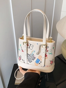 Sac Seau Blanc pour Femmes avec Impression Graffiti en Cuir PU Motif Dessin Animé Sac à Main avec Bandoulière Réglable