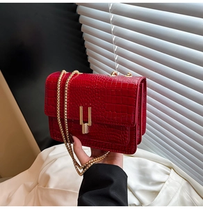 Detail showing the red crocodile embossed texture and golden metal clasp of the square bag