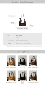 Detailed size chart for vintage suede crossbody dumpling bag with dimensions and weight