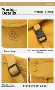 Gelbe Nylontasche im Detail mit Logo, Schnallenverschluss und verstellbarem Gurt