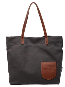 Grande borsa tote minimalista in tela antracite con manici marroni e tasca frontale