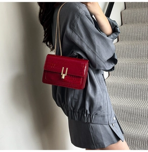 Close-up of red crocodile pattern handbag with gold U-shaped metal buckle and chain strap