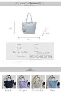 Detailed size chart for minimalist canvas tote bag with dimensions and small pouch accessory