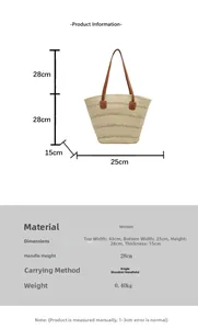 Detailed size chart for large woven tote bag with dimensions and shoulder strap info