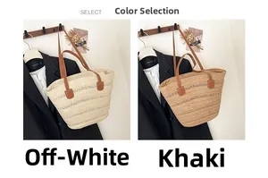 Detail of woven straw tote bags in beige and khaki colors with brown leather straps