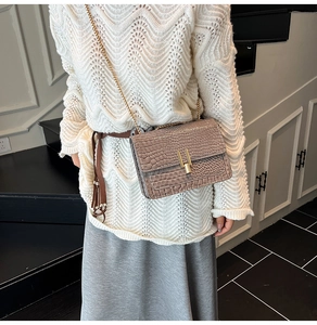Detail view of taupe crocodile embossed crossbody bag with elegant gold chain strap