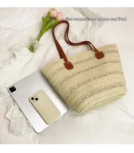 Detailed top view of large woven tote bag showing internal space with phone and iPad size comparison