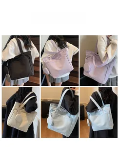 Collage of model carrying high-capacity canvas tote bags in black, purple, cream and blue