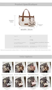 Detailed size chart and multi-color options for the checkerboard PU leather tote bag