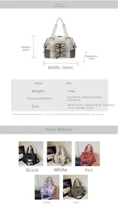 Detailed size chart and multi-color options for large capacity nylon crossbody bag