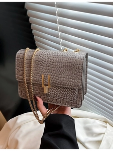 Deep taupe crocodile embossed crossbody bag with gold vertical metal lock and chain