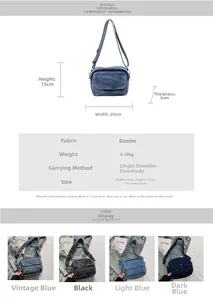 Detailed size chart for denim crossbody bag showing dimensions 20x15x6cm and four colors