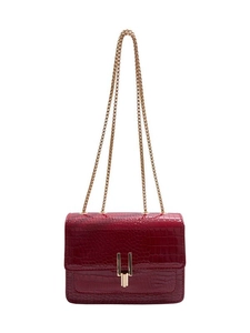 Red crocodile pattern square crossbody bag with gold chain strap and metal clasp