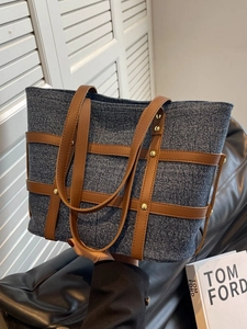 Retro Denim Tote Bag Large Capacity Rivet Shoulder Bag For Women Stitched Jean Handbag With Polyester Lining Casual Bag