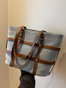 Retro denim tote bag with brown leather grid and gold rivets for women's autumn fashion