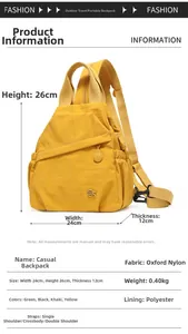 Detailed size chart for the yellow oxford nylon backpack showing 24x26x12CM dimensions