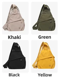 Matrix view of compact nylon sling bags in khaki, green, black and yellow color options