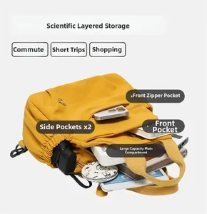 Internal storage layout of yellow lightweight backpack with multi-pocket organization