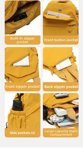 Detail of yellow nylon backpack showing six functional storage compartments and pockets