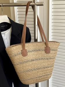 Women Large Capacity Woven Straw Tote Bag Casual Summer Beach Shoulder Bag Vacation Shopping Handbag Khaki Off-white