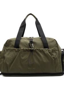 Army green travel bag with drawstring pocket and shoe compartment on white background