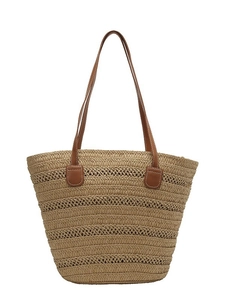 Large straw woven tote bag with brown leather handles and white stitching details