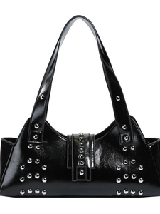 Chic black patent leather underarm bag with silver studs and long shoulder straps