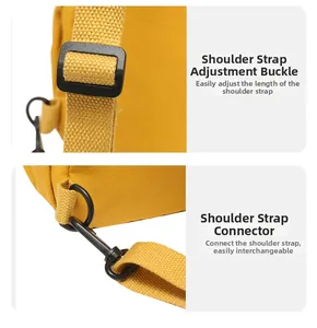 Detail view of yellow woven shoulder strap with black adjustable buckle and swivel hook