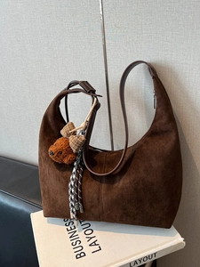 Women Retro Suede PU Hobo Bag Large Capacity Shoulder Bag Casual Crossbody Dumpling Bag With Teddy Bear Pendant