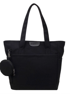 Minimalist black canvas tote bag for women with a detachable small round coin purse