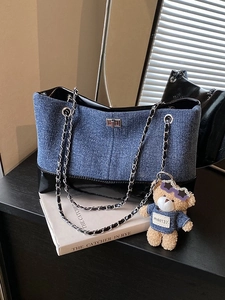 Women Vintage Denim PU Contrast Large Tote Bag Chain Strap Bear Pendant Casual Shoulder Bag Commuter Handbag Purse Fashion
