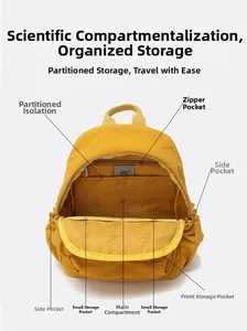 Vue détaillée de l'intérieur du sac à dos jaune avec multiples compartiments et poches