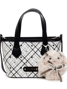 Checkerboard pattern tote bag with plush rabbit charm and black handles for women