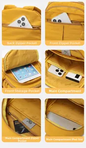 Vue détaillée des six compartiments internes et de l'espace iPad du sac à dos jaune de voyage