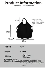 Detailed size specifications for waterproof nylon tote bag with 0.28kg lightweight design