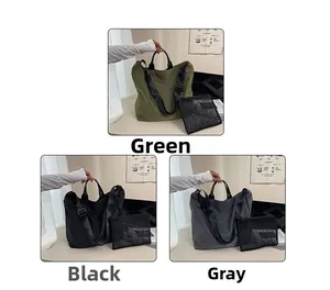 Three color options of large waterproof nylon tote bags with matching mesh pouches
